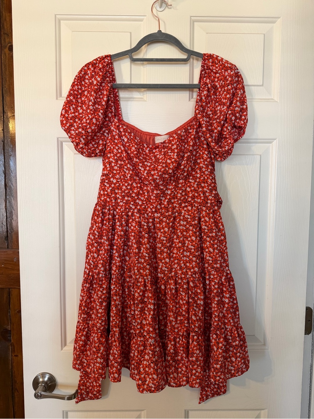 Altar'd State Red Floral Puff Sleeve Tiered Babydoll Dress - size S